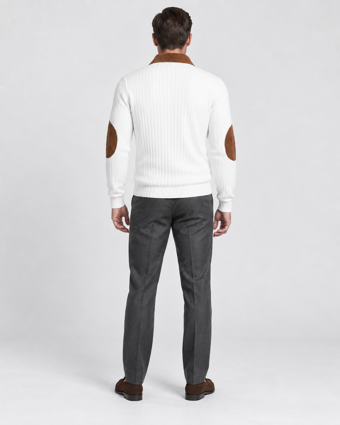 Norden Men's Ribbed Knit Half-Zip Jumper in white, worn back #Color_White