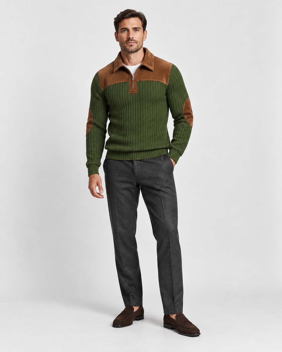 Norden Men's Ribbed Knit Half-Zip Jumper in green, worn front #Color_Green
