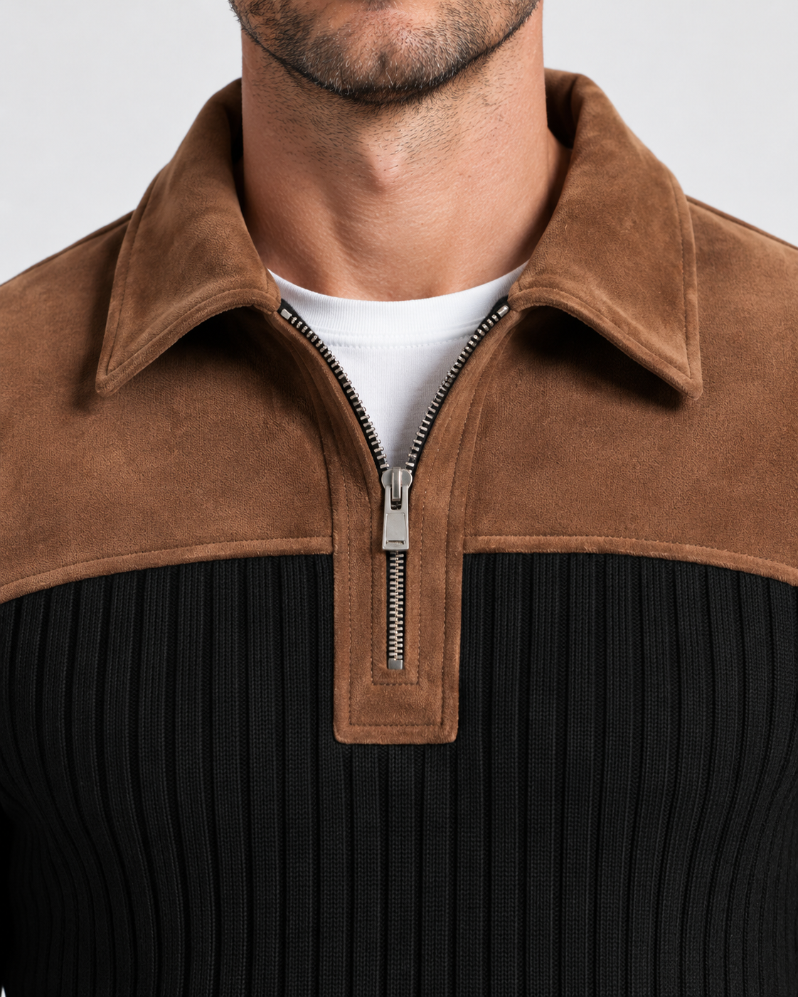 Norden Men's Ribbed Knit Half-Zip Jumper in black, collar and zip detail #Color_Black