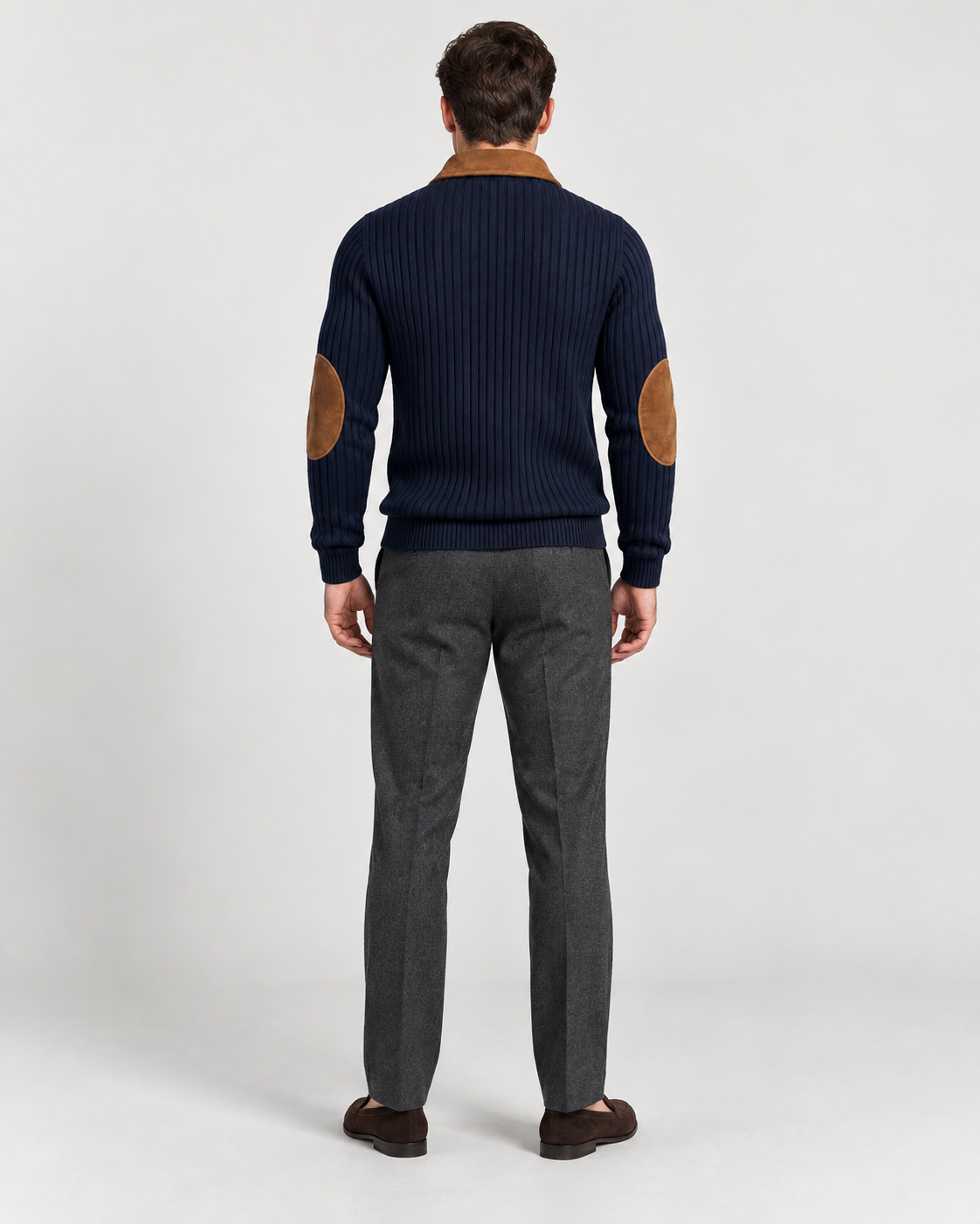 Norden Men's Ribbed Knit Half-Zip Jumper in navy blue, worn back #Color_Navy Blue