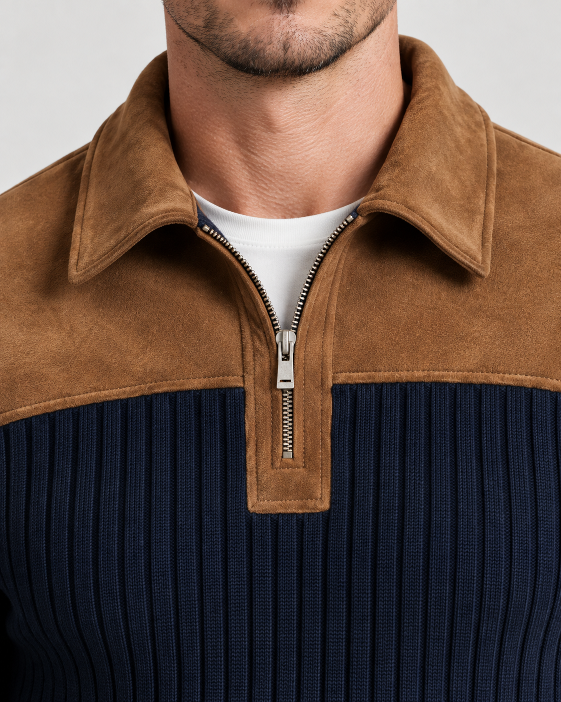 Norden Men's Ribbed Knit Half-Zip Jumper in navy blue, collar and zip detail #Color_Navy Blue