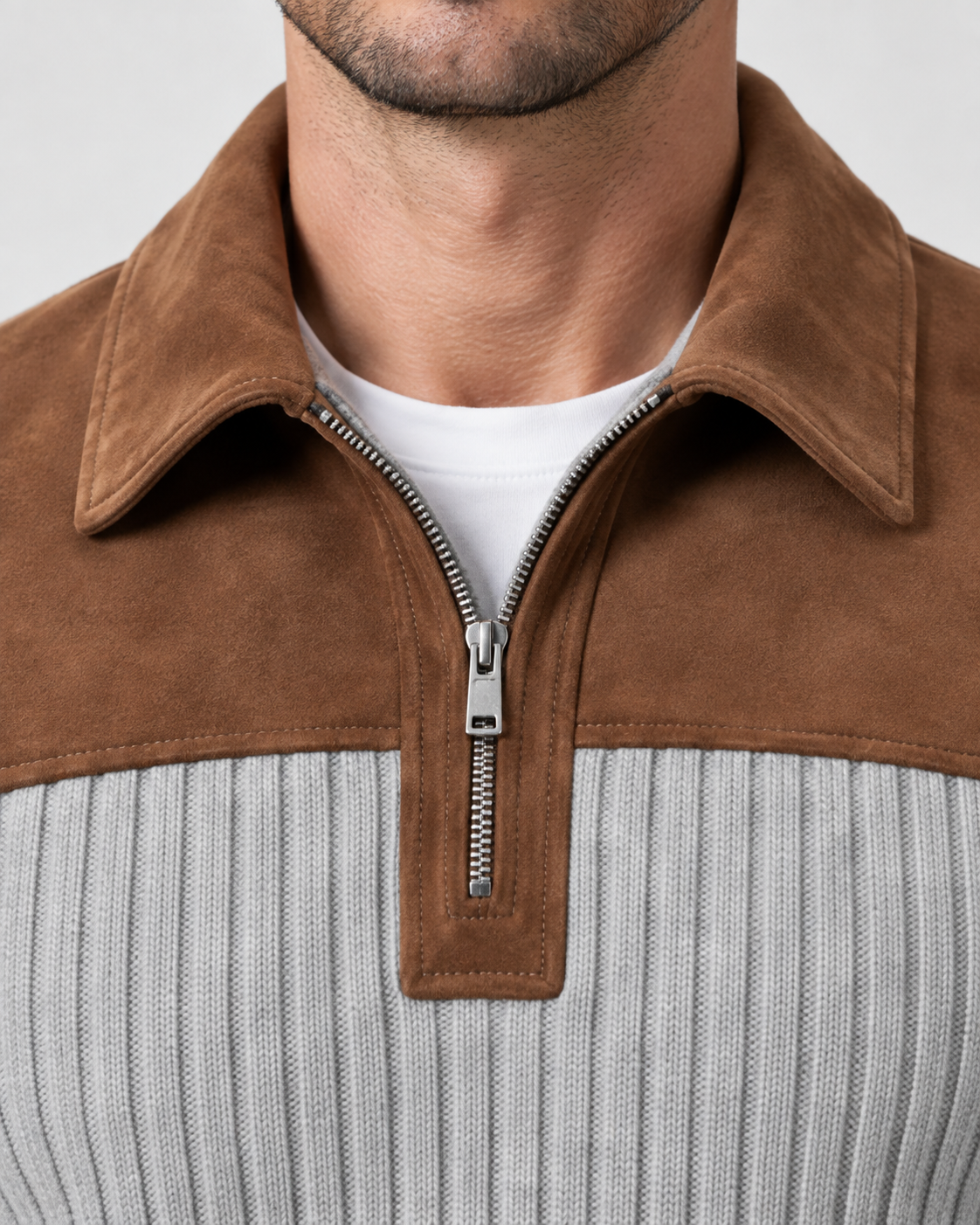 Norden Men's Ribbed Knit Half-Zip Jumper in gray, collar and zip detail #Color_Gray