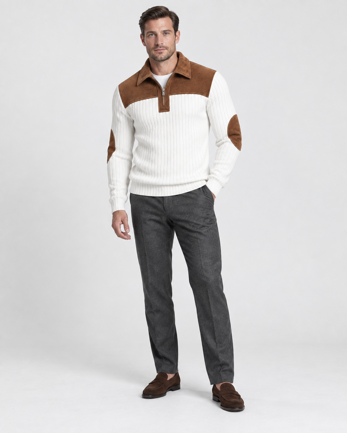 Norden Men's Ribbed Knit Half-Zip Jumper in white, worn front #Color_White