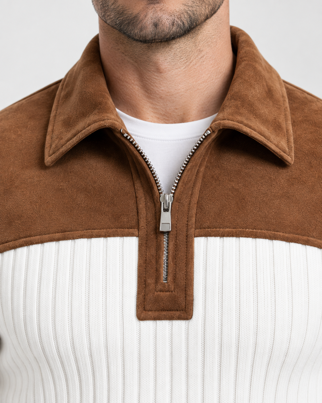 Norden Men's Ribbed Knit Half-Zip Jumper in white, collar and zip detail #Color_White
