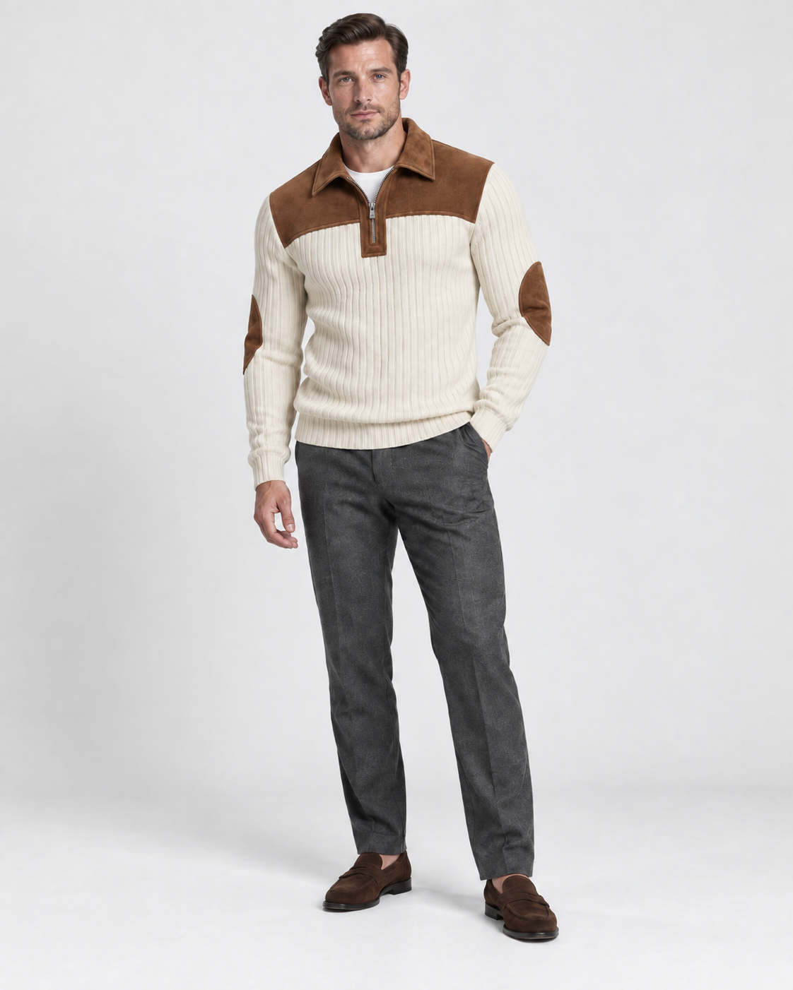 Norden Men's Ribbed Knit Half-Zip Jumper in beige, worn front #Color_Beige