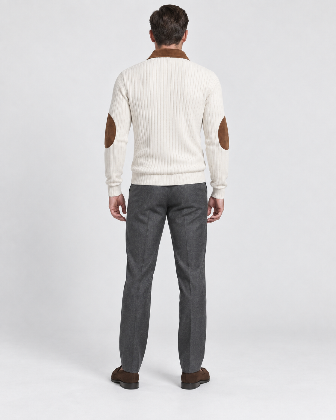 Norden Men's Ribbed Knit Half-Zip Jumper in beige, worn back #Color_Beige