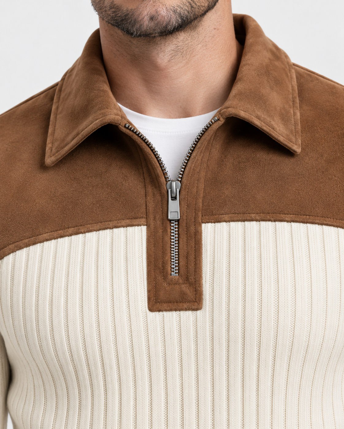Norden Men's Ribbed Knit Half-Zip Jumper in beige, collar and zip detail #Color_Beige