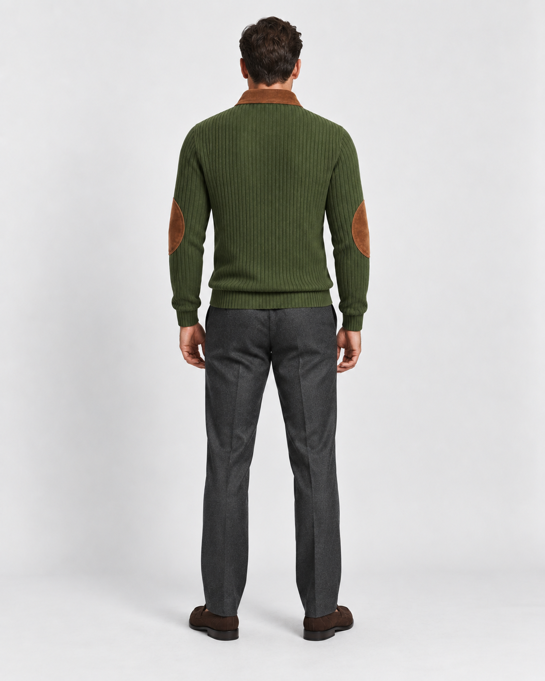 Norden Men's Ribbed Knit Half-Zip Jumper in green, worn back #Color_Green