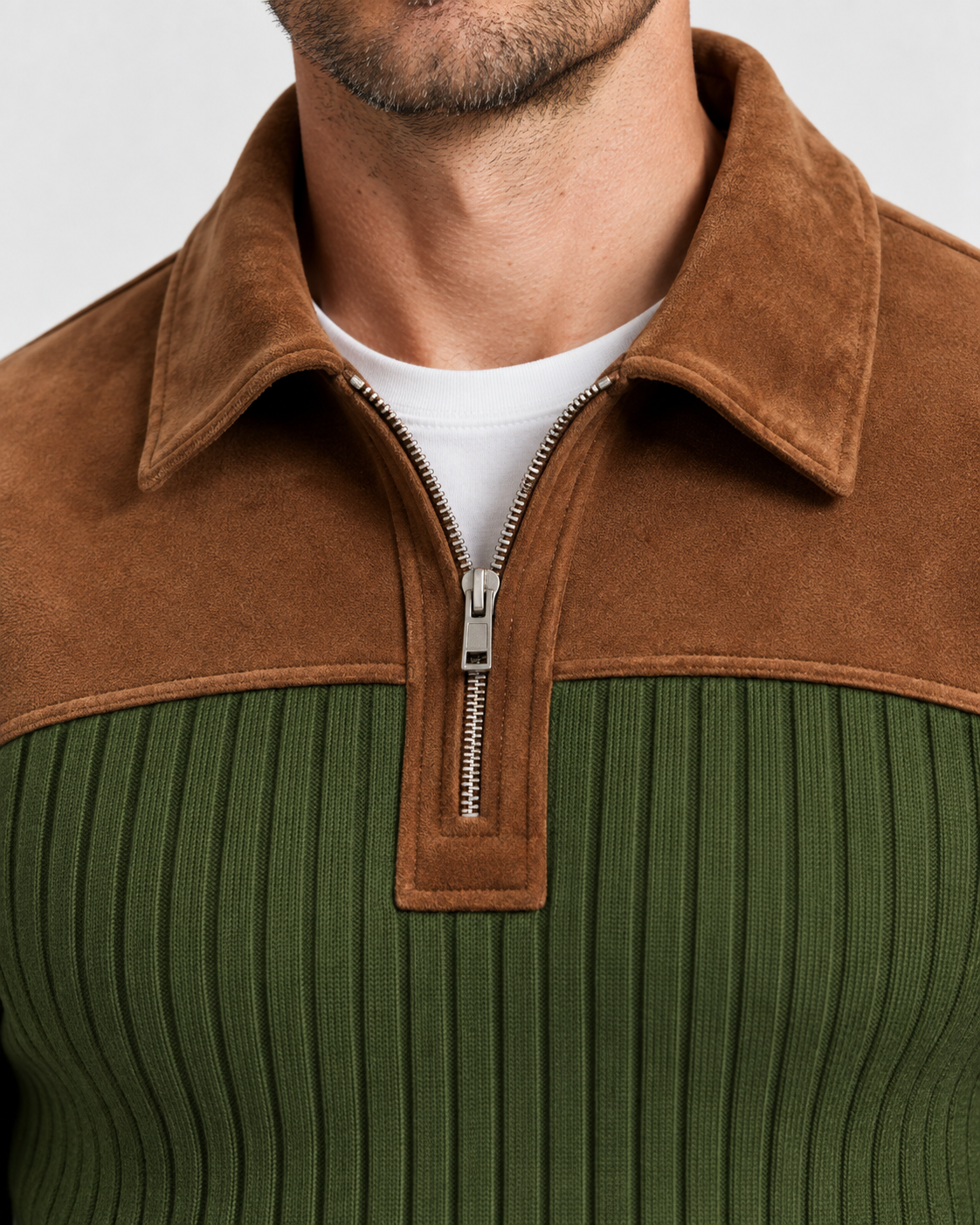 Norden Men's Ribbed Knit Half-Zip Jumper in green, collar and zip detail #Color_Green