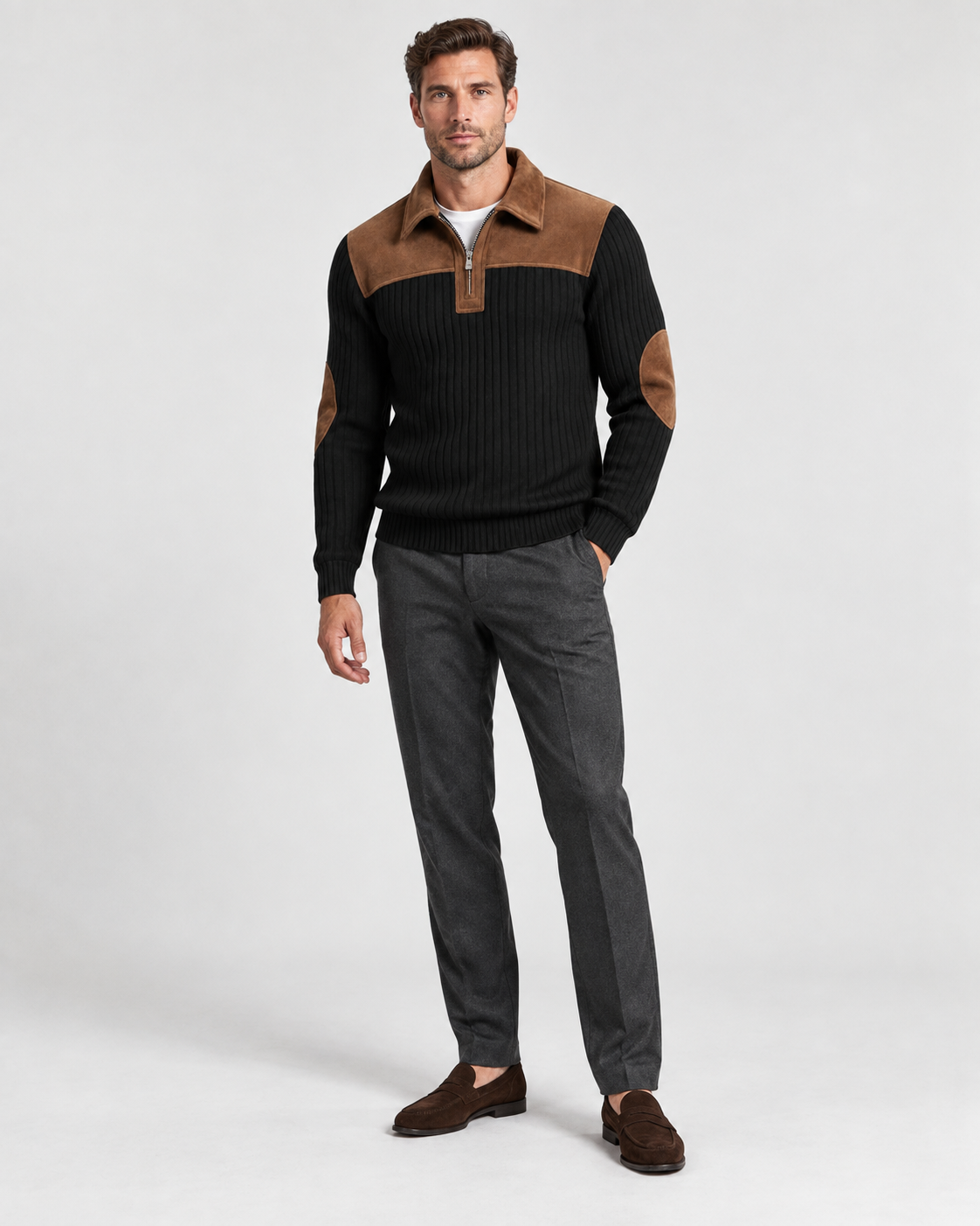 Norden Men's Ribbed Knit Half-Zip Jumper in black, worn front #Color_Black