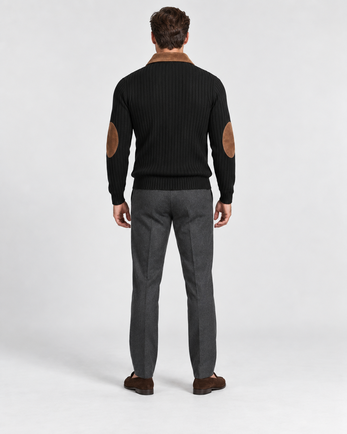 Norden Men's Ribbed Knit Half-Zip Jumper in black, worn back #Color_Black