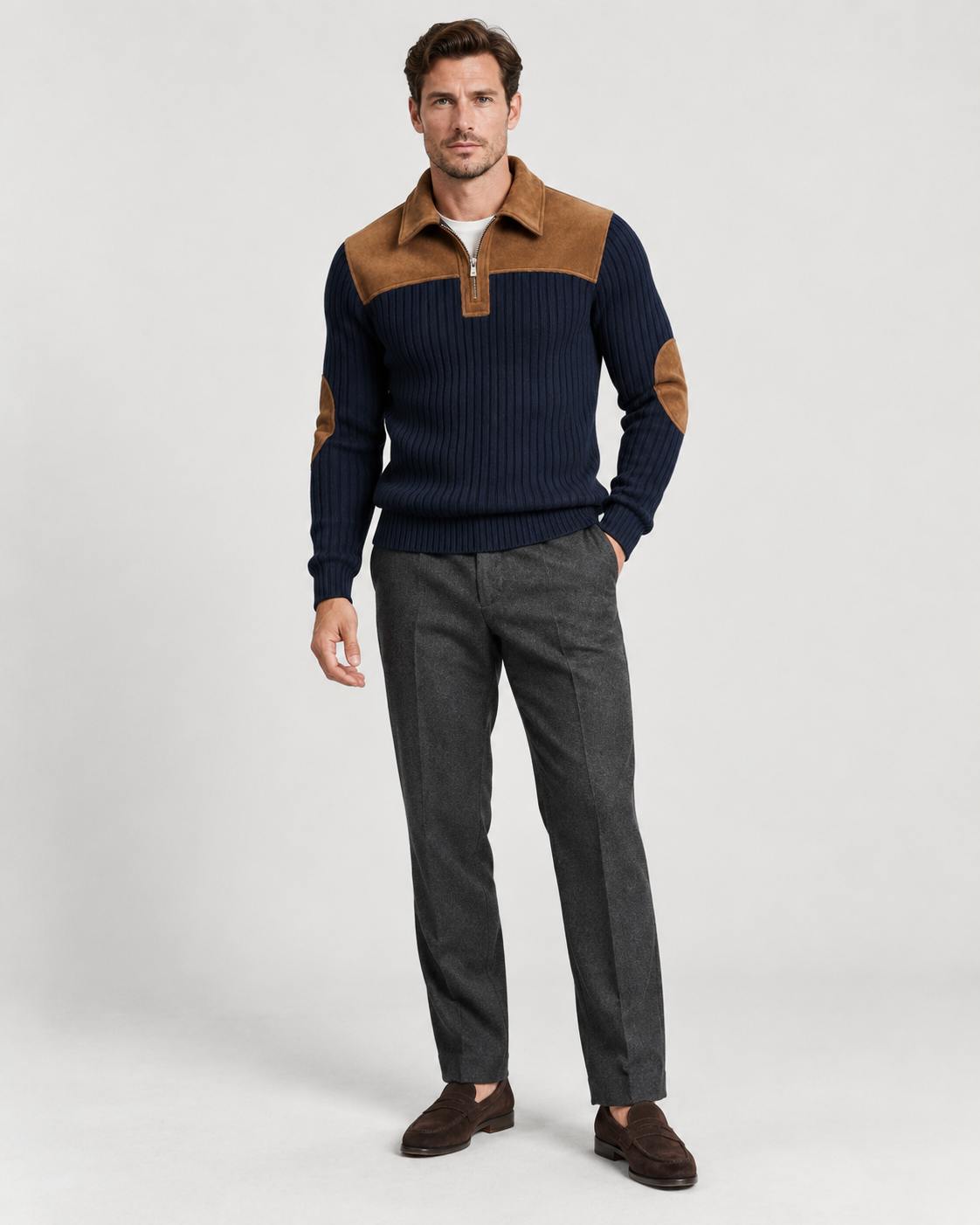 Norden Men's Ribbed Knit Half-Zip Jumper in navy blue, worn front #Color_Navy Blue