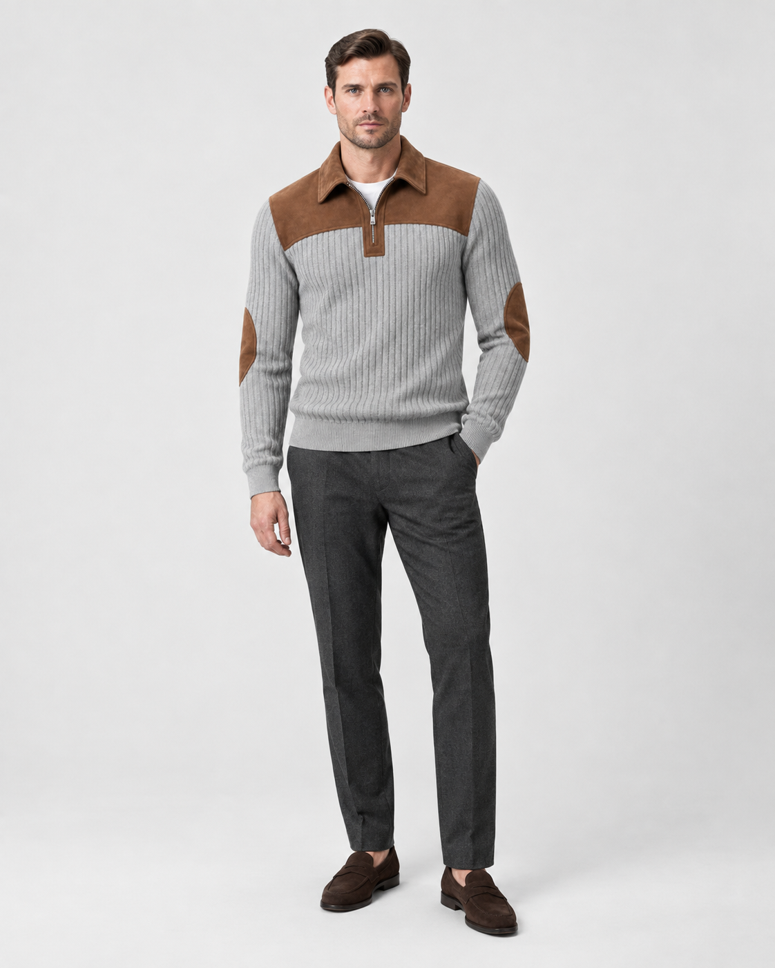 Norden Men's Ribbed Knit Half-Zip Jumper in gray, worn front #Color_Gray