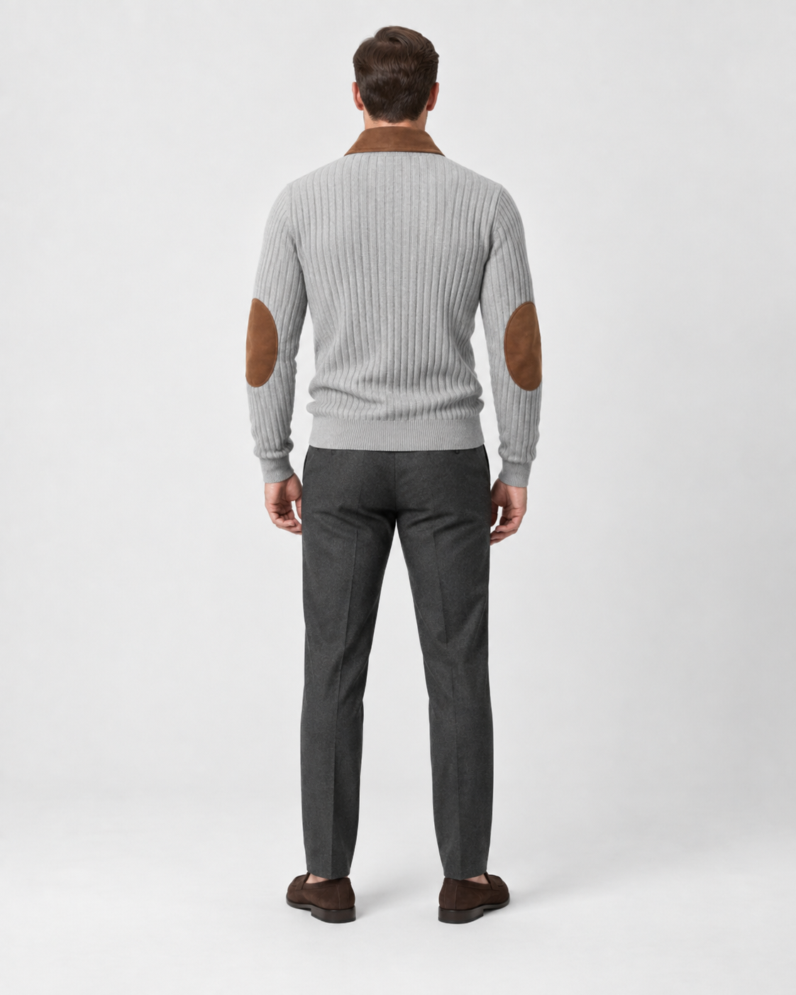 Norden Men's Ribbed Knit Half-Zip Jumper in gray, worn back #Color_Gray
